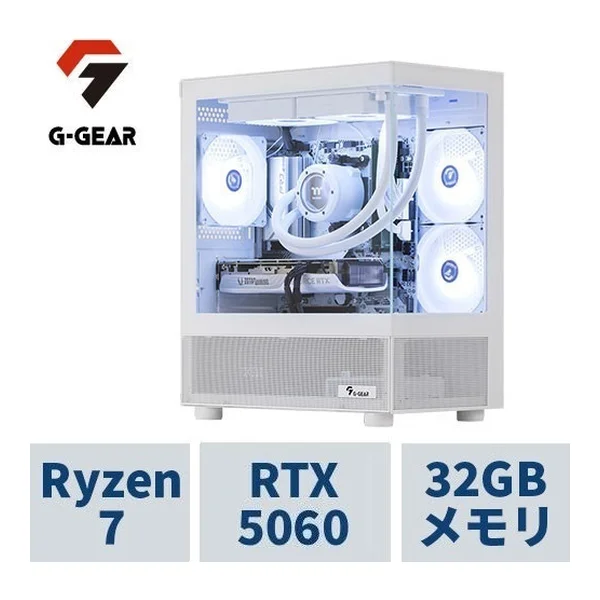 eX.computer イーエックスコンピュータゲーミングPC G-GEAR White GP7A-E261B/A/CP1 Ryzen7 9700X /RTX5060 /32GBメモリ /1TB SSD /WiFi+BT対応、水冷仕様